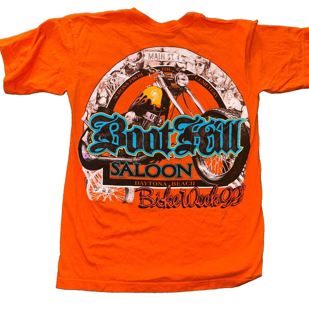 Vintage 90s Boot Hill Saloon Orange T-Shirt Bike Week 1999 Daytona Size Small